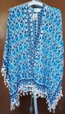 Bobby Brooks Kimono Flecos Encogerse de hombros OS Frente abierto Fluido Playa Noche Azul Tostado  Foto 1 de 4