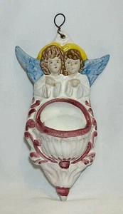 Vintage Italian Pottery Ceramic Holy Water Font Painted Angels 6.5x 3.75x 1.75” - Picture 1 of 7