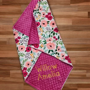 Floral Baby Blanket,Personalized Blanket, Minky,Monogram,Gold,Berry,Girl,Newborn - Picture 1 of 3