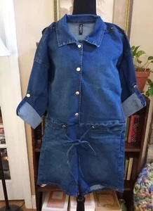 American Bazi Denim Romper Shorts Fitted Blue Jean Body Suit Set Women's Small - Picture 1 of 12