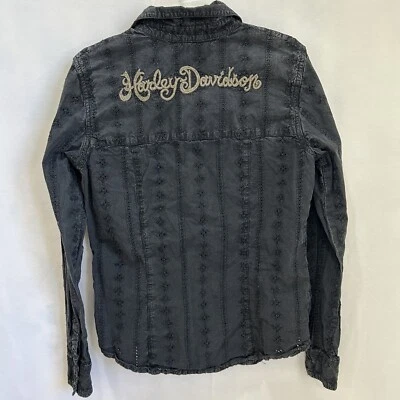 Camisa Blusa Harley Davidson Negra Ojales a Presión Bordada Mujer’s Pequeña Foto 1 de 4