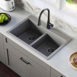 Grey Quartz/Granite 33 in. 50/50 Double Bowl Composite Drop-in Kitchen Sink - Picture 1 of 3