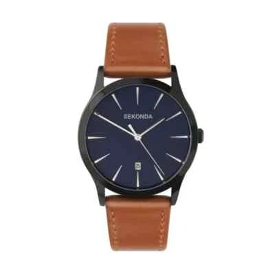 Mens Smart New Sekonda Black IP Blue Dial Brown Strap 38mm Date Watch 1514 - Image 1 of 3