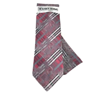 Stacy Adams Tie & Hanky Set Burgundy Silver Charcoal Red Plaid Pattern for Men - Image 1 of 4
