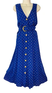 Vintage 1990s blue buttoned midi dress, rayon sleeveless gold 1940s peplum M L - Picture 1 of 8