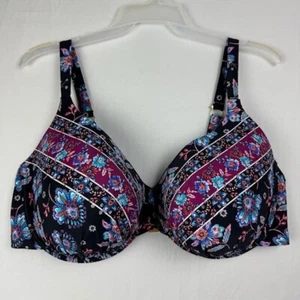 Swimsuits For All Black Blue Pink Floral Bikini Top Sz 44F NEVER WORN gold tone - Picture 1 of 11