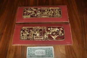 Paar antike chinesische rot vergoldete Holz geschnitzte Platten - Bild 1 von 5