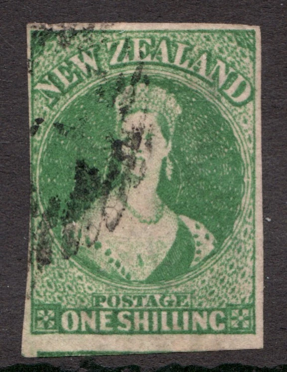 1862 New Zealand Sc# 15 (yellow green) - 1sh, QV "Chalon". Used f/vf  Cv$375 - Image 1 of 1