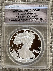 2012-W American Silver Eagle $1 Proof PR 70 DCAM ANACS A First Strike Coin - Picture 1 of 2