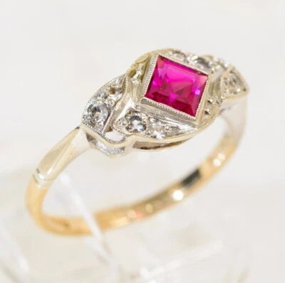 9ct Yellow Gold Art Deco Design Ring Lab Created Ruby Gemstone Vintage Jewelry - Image 1 of 4