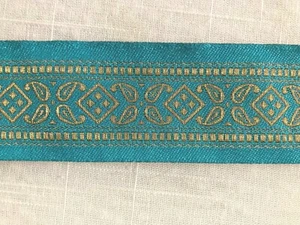 JACQUARD RIBBON 1 3/8" TRIM Blue and gold metallic  Sold BTY - Picture 1 of 3