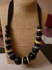 Fashion Jewelery Necklace long length chunky black bead / blue/yellow spacers 
