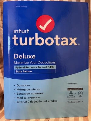 🔥 NEW Turbotax Deluxe 2022 Federal Returns E-File + State PC/Mac CD/Download 🔥 - Image 1 of 4
