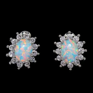 AAA RAINBOW OPAL OVAL & WHITE CZ STERLING 925 SILVER STUD EARRING - Picture 1 of 6