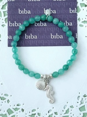 Biba Kristall Armband mint silber dehnbar 18cm Muschel Seepferd  Anhänger /H073 - Bild 1 von 2