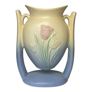 Hull Tulip Suspended Vase Yellow Blue 103 33 6 Double Handle 7” Vintage Pottery - Picture 1 of 24