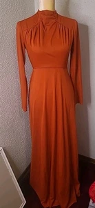 Vintage Evening Dress Dark 70s Orange 60s Mod Maxi High Neck MCM Empire Waist LS - Picture 1 of 10