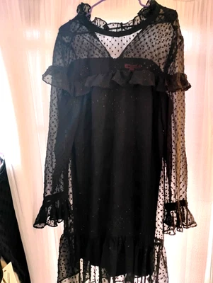 Vestido Betsey Johnson | Mujer Talla 14 | Negro Transparente Moteado Volantes Capricho Foto 1 de 4