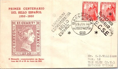 SPAIN 1950 POSTAL CACHET COVER EXPO COMM FIRST STAMP CENTENARY CANC BARCELONA - Image 1 of 2