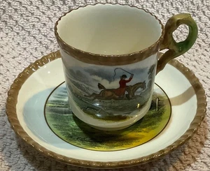 Fox Hunt Hunting Spode Demitasse Cup and Saucer  Brown Rim  The Huntsman - Picture 1 of 7