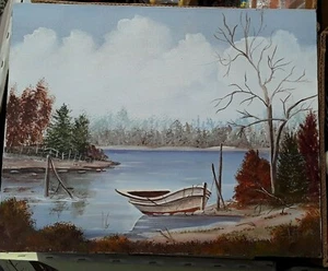 ORIGINAL FOLK ART OIL PAINTING Boat w Marsh 16 x 20 sign C. Lepore - Picture 1 of 4