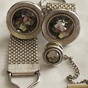 Vintage Rivoli Strass SCHWANK Netz Kette Manschettenknöpfe & Krawattennadel silberfarben Set - Bild 1 von 12