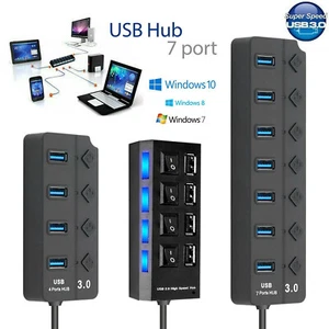 USB 3.0 Hub 7 Port On/Off Switch High Speed Splitter AC Adapter Cable PC Laptop - Picture 1 of 14