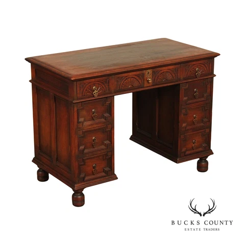 Kittinger Tudor Style Antique Walnut Pedestal Writing Desk Cover