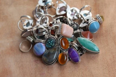 Botswana Ónix y Mezcla de Piedras Preciosas 925 Chapado en Plata de Ley Venta al por mayor Elegante Lote Anillo Foto 1 de 2