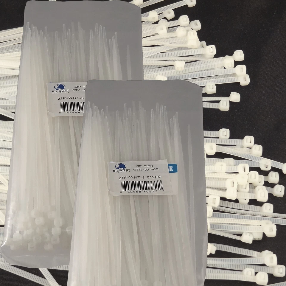 100 Pcs Pack 8" Inch White Network Cable Cord Wire Tie Strap 40 Lbs Zip Nylon