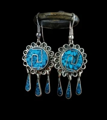 VINTAGE MEXICAN TURQUOISE AND SILVER DANGLE EARRINGS - Immagine 1 di 4