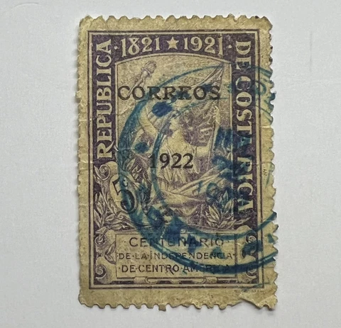 1922 COSTA RICA 5C STAMP #111 OVPT WITH INTERESTING BLUE SON CANCEL Cover