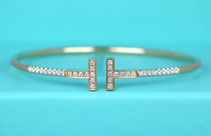 $7,300 Tiffany & Co T 18k Yellow Gold Pave Set Round Diamond Wire Cuff Bracelet - Picture 1 of 10