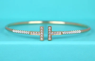 $8,000 Tiffany & Co T 18k Yellow Gold Pave Set Round Diamond Wire Cuff Bracelet - Image 1 of 4