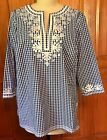 Talbots NEW Blue White Check Tunic Blouse Shirt X L Cotton Embroidered Pullover