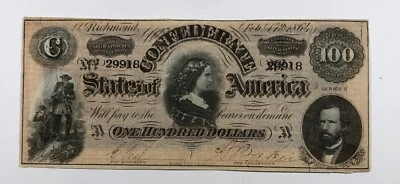 1864 $100 Confederate Bank Note. Seventh Issue. Sharpe Corners. - Image 1 of 3