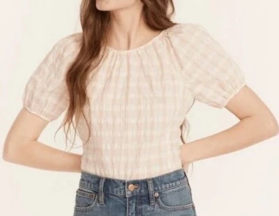 J. Crew V-back Puff Sleeve Top In Textured Plaid In Ivory Sandy Beach Women's 8 - Image 1 of 4