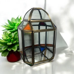 Vintage Brass & Glass Lantern Light Shade Stained Glass - Picture 1 of 5