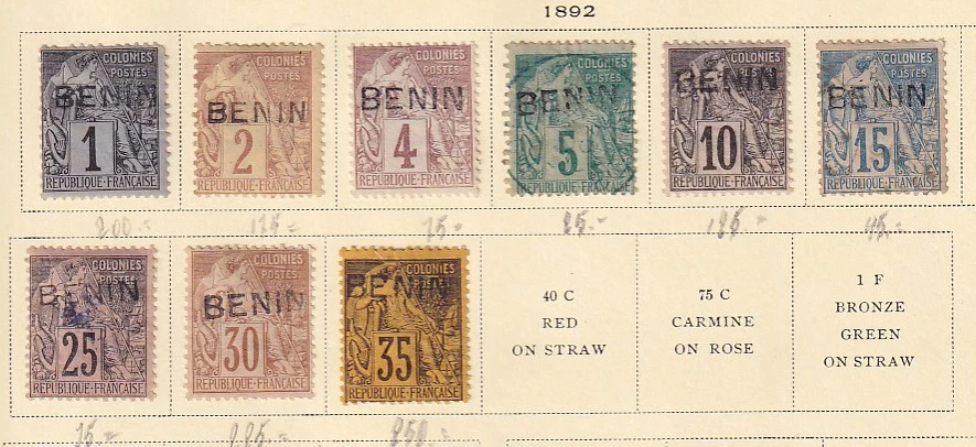 French Benin 1892 YV 1-10 without YV 7 F/VF / CAT VALUE $1300 - Image 1 of 1