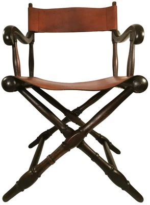 RARE 19TH C FRENCH ANTIQUE MAHOGANY, TANNED LEATHER CAMPAIGN FOLDING FIELD CHAIR - Image 1 of 4