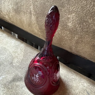 Vintage Fenton Ruby Red Glass Handpainted White Roses 6.3/4" Bell Signed - Image 1 of 4