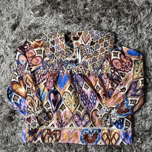 Farm Rio Hearts Ikat Bluse Damen S creme bunt Print LS Freizeit Oberteil anthro - Bild 1 von 24
