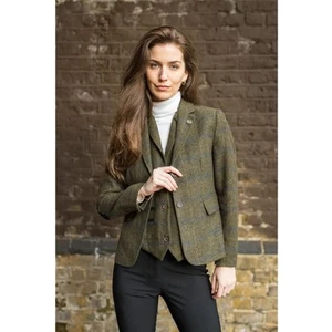 Women's Olive Green Herringbone Wool Blend Blazer Waistcoat 2 Piece Set Tailored - Picture 1 of 12