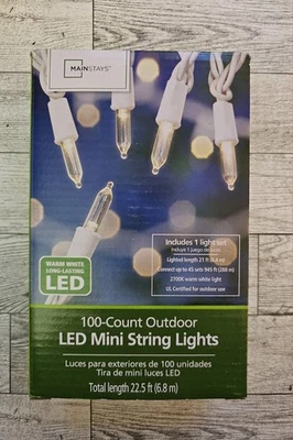 New MAINSTAYS Mini String Lights Warm Outdoor white 100 Count LED 22.5 ft 2700K - Image 1 of 4