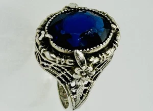 Art Deco Sterling Silver Filigree Ring w Deep Blue Faceted Glass Stone Sz 4.5 4g - Picture 1 of 14