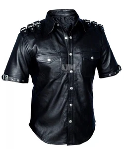 Men's Black 100% Real Cowhide Leather Soft Stylish Short Sleeves Shirt - Picture 1 of 3