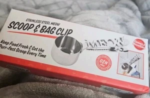 New in box Meow Sculpted Handle Cat Food Bag Clip & Scoop Stainless Steel - Picture 1 of 4