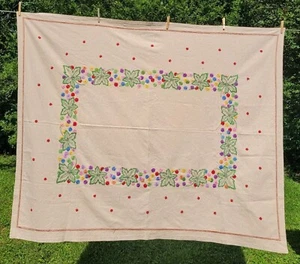 Vtg Embroidered Linen Tablecloth Beautiful Flowers Floral Plants 59x49 Beige - Picture 1 of 16
