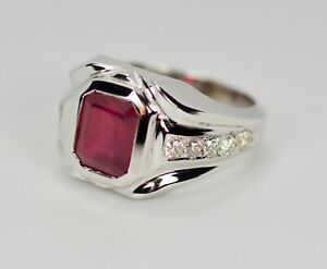 Men's White Gold Plated 1.86CT Emerald Cut Lab Created Red Ruby Wedding Ring