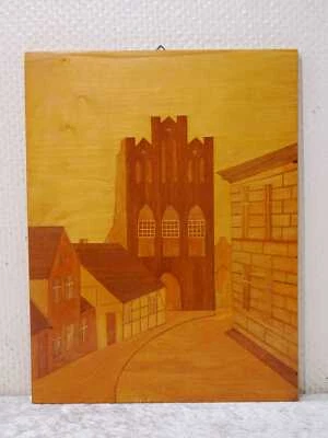 Holz Intarsien Bild Vintage Architektur Häuser Turm Straße Handgefertigt - Bild 1 von 4
